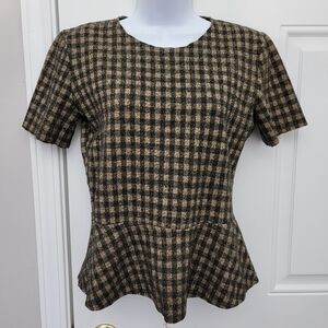 ZARA Tweed Peplum Top Short Sleeve Black Brown Checkered Pattern Size Medium